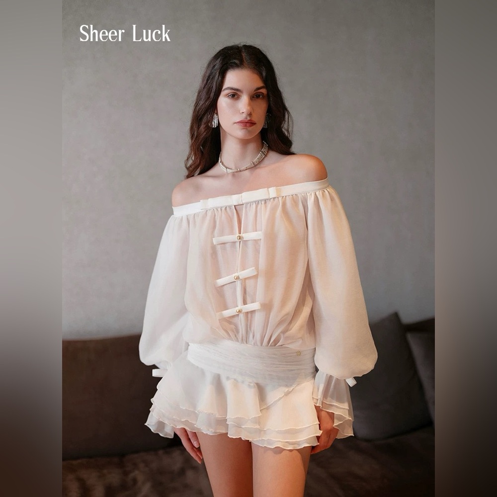 Sheer Luck Off-Shoulder Puff-Sleeve Romper Skort